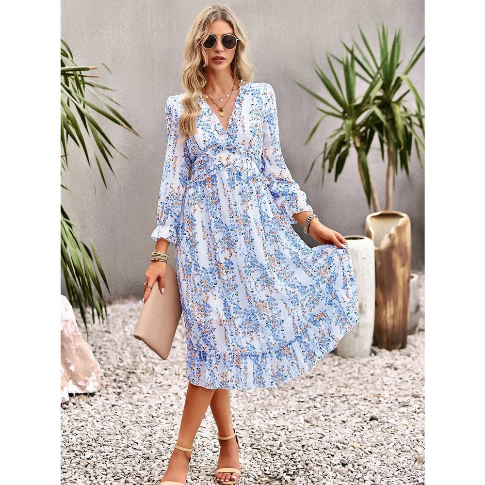 Long sleeve Floral print Frill Trim Flounce Sleeve Ruffle Hem midi Dress blue - Picture 3 of 5